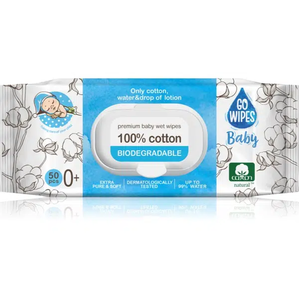 GoWipes Baby 100% Cotton Biodegradable detské jemné vlhčené obrúsky pre citlivú pokožku 0+ 50 ks