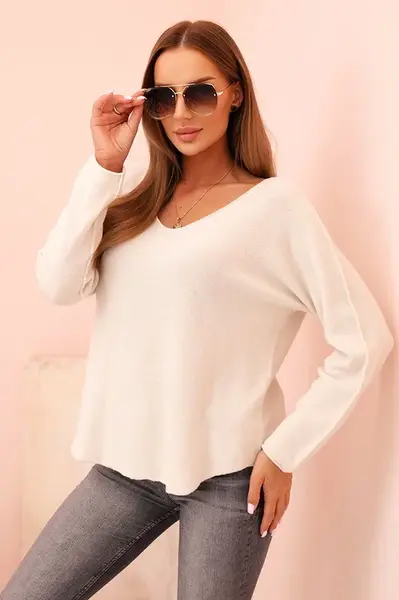 Kesi Włoski Sveter dámsky z viskózy s výstrihom do V svetlo béžový