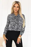 140-28 Business blouse with long sleeves and a tie at the front - black and white pattern