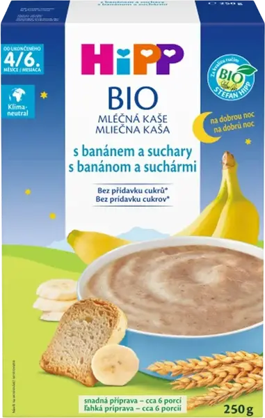 HIPP BIO Kaša mliečna na dobrú noc s banánom a suchármi od uk. 4.-6. mesiaca 250 g