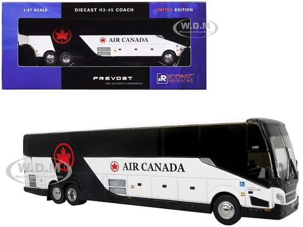 Prevost H3-45 Coach Bus "Air Canada Landline" Black and White Limited Edition 1/87 (HO) Diecast Model by Iconic Replicas