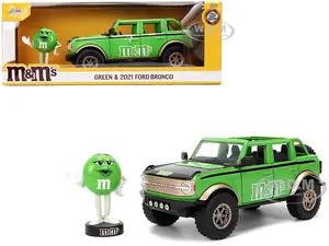 2021 Ford Bronco Green with Black Stripes and Green M&amp;Ms Diecast Figure "Hollywood Rides" Series 1/24 Diecast Model Car by Jada