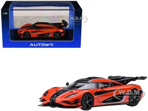 Koenigsegg One1 Lava Orange with Carbon and Silver Stripes 1/64 Diecast Model Car by Autoart