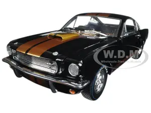 1966 Ford Mustang Shelby GT 350 "Hertz" Black with Gold Stripes and Racing Wheels 1/18 Diecast Model Car by Shelby Collectibles