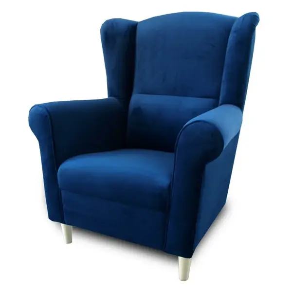 Křeslo ušák, látka modrá, charlot