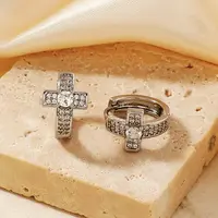 Elegant Cross Brass Pave Clear Cubic Zirconia Hoop Earrings