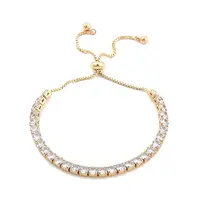 Brass Pave Clear Cubic Zirconia Flat Round Box Chain Slider Bracelets