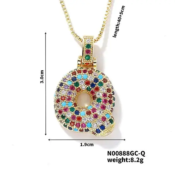 Brass Pave Colorful Cubic Zirconia Letter Pendant Box Chain Necklaces
