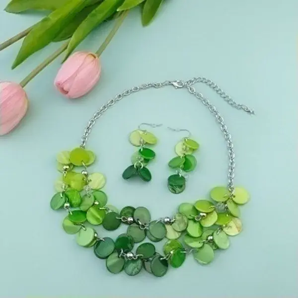 Flat Round Shell Dangle Earrings & Double Layer Necklaces Sets