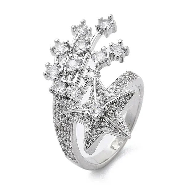 Brass Micro Pave Clear Cubic Zirconia Open Cuff Rings for Women