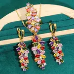 Leaf Brass Cubic Zirconia Pendant Necklaces & Hoop Earrings & Rings Sets