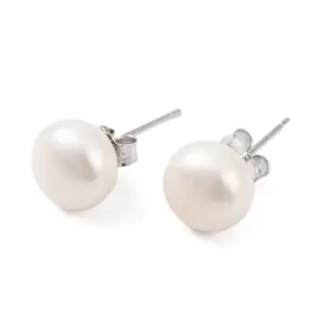 Rack Plating Natural Pearl Round Bead Stud Earrings