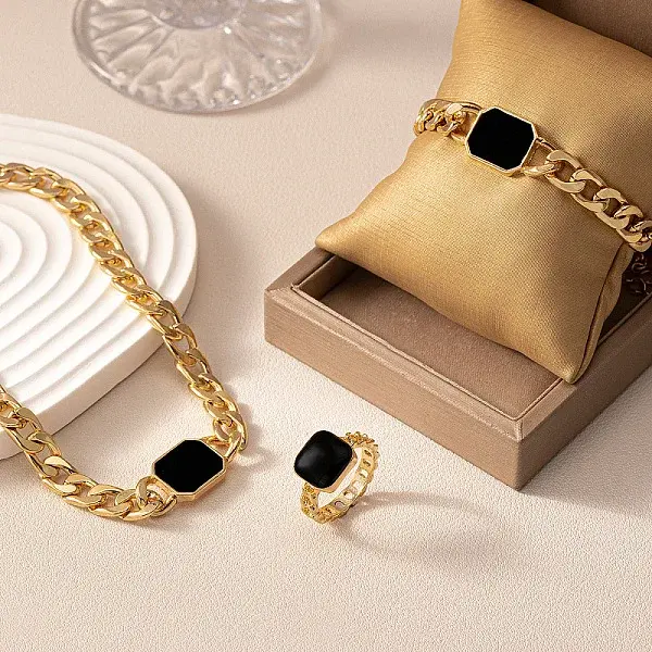 Alloy Enamel Rectangle Chain Necklaces & Link Bracelets & Rings Sets