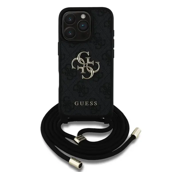 Zadní kryt Guess PU 4G Metal Logo Crossbody Popruh pro Apple iPhone 16 Pro, černá