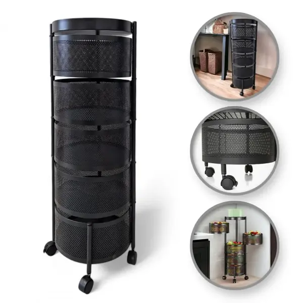 Otočný regál na kolieskach ROUND SZ33 s 5 košíkmi, čierny