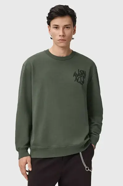 Bavlněná mikina AllSaints ORLANDO pánská, zelená barva, s potiskem, M058NB