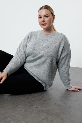Trendyol Curve Gray Crew Neck Stone Knitwear Sweater