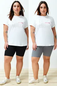 Trendyol Curve Black-Grey High Waist 2-Pack Biker Short Length Ribbed Knit Plus Size Leggings