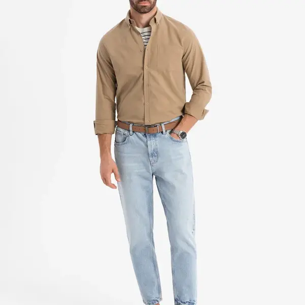 Ombre Men's REGULAR FIT cotton shirt with pocket - light brown