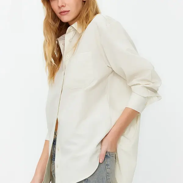 Trendyol Dark Beige Single Pocket Boyfriend Woven Cotton Shirt