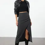 Trendyol Black Double Breasted Textured Gathered/Draped Detailed Midi Skirt