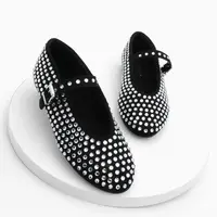 Marjin Women's Helmet Stone Ballerina Shoes Mary Jane Tevila Black