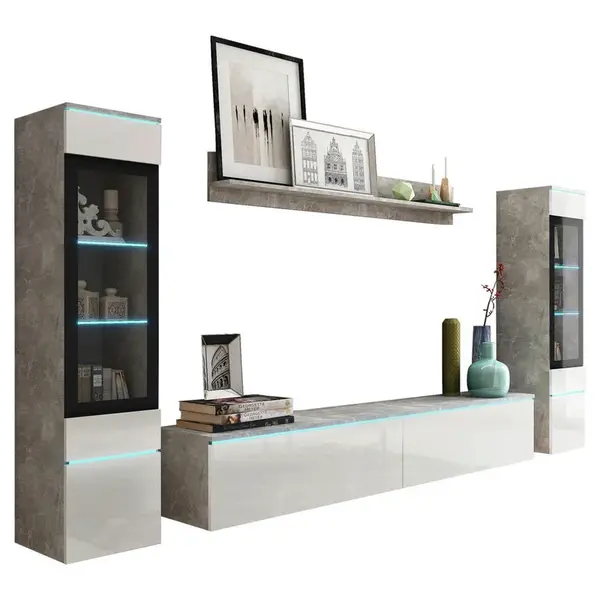 P & B OBÝVACÍ STĚNA, vysoce lesklá bílá, šedá