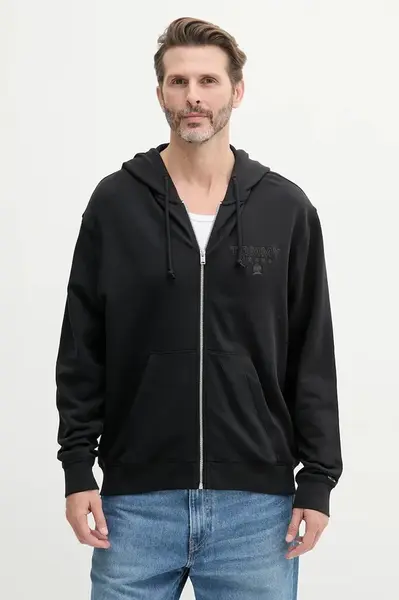 Bavlněná mikina Tommy Jeans pánská, černá barva, s kapucí, s aplikací, DM0DM20835