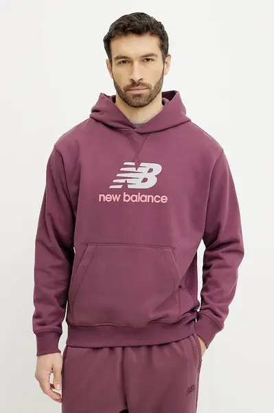 Bavlněná mikina New Balance pánská, vínová barva, s potiskem, MT51512FDP