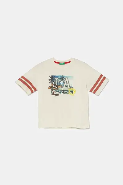 Dětské bavlněné tričko United Colors of Benetton béžová barva, s potiskem, 3I1XG10IM