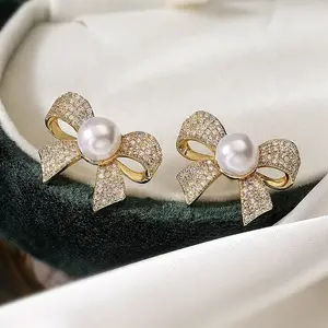Brass Micro Pave Clear Cubic Zirconia Stud Earrings for Women