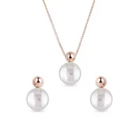Souprava moderních perlových šperků v růžovém zlatě KLENOTA