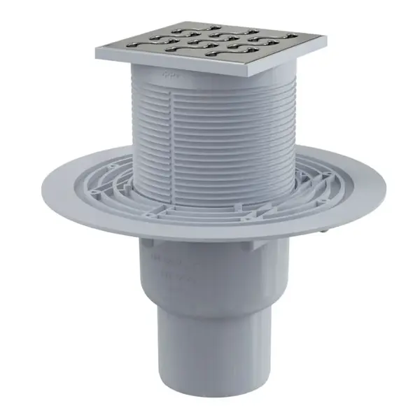 Alcadrain Odtokové kanálky - Podlahová vpust přímá 11x11 cm, průměr 5/8 cm, vodní zápachová uzávěra, nerez/plast APV202