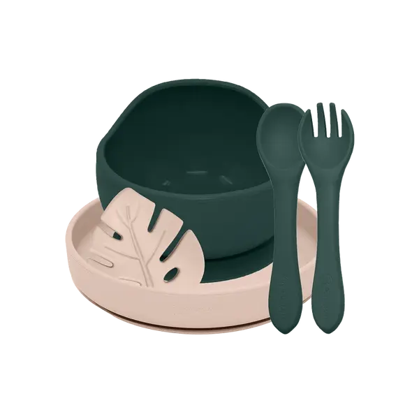 PETITE&MARS Set jídelní silikonový TAKE&MATCH, Misty Green - Desert Sand 6m+, 4 ks