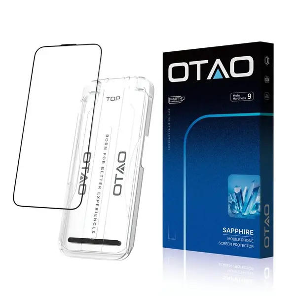 OTAO Sapphire Tvrzené sklo s aplikátorem, iPhone 14 Pro / 15 / 16, černé