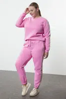 Trendyol Curve Pink Crew Neck Regular Stripe Detailed Polar Fleece Knitted Plus Size Tracksuit
