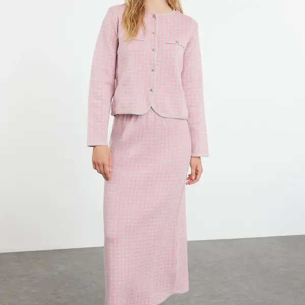 Trendyol Pink Plaid Knitwear Bottom-Top Set