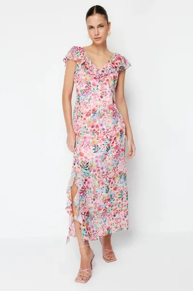 Trendyol růžové květinové šaty s volánky z šifonu, podšité, maxi tkané šaty