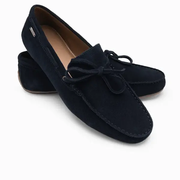 Ombre Men's leather moccasin shoes with thong and driver sole - navy blue