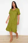 Trendyol Curve Khaki V-Neck Jacquard Floral Patterned Woven Plus Size Dress