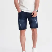 Ombre Men's denim short shorts with holes - dark blue