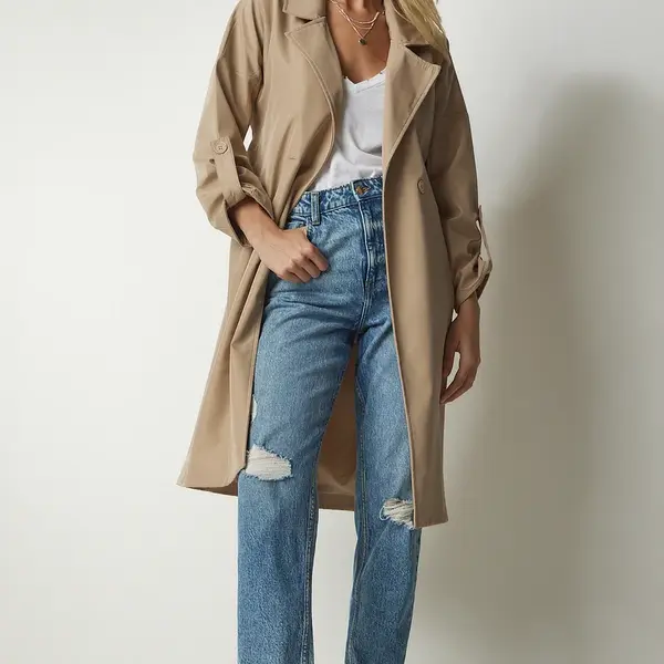 Happiness İstanbul Dámský béžový sezónní trenčkot s páskem