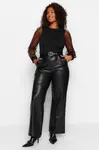 Trendyol Curve Black Wide Cut Faux Leather Woven Trousers