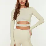 Trendyol Stone Crop Window/Cut Out and Thumb Hole Detail Knitted Sports Top/Blouse