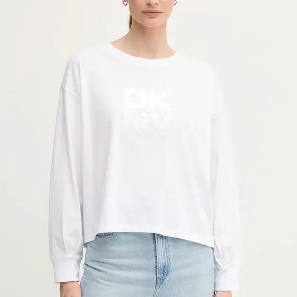 Bavlněné tričko s dlouhým rukávem Dkny bílá barva, DJ5T1488
