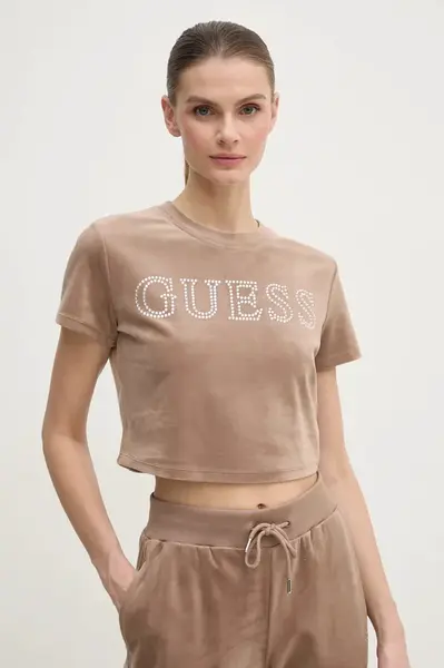 Velurové tričko Guess COUTURE béžová barva, V3BI01 KBXI2
