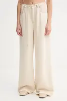 Kalhoty MUNTHE OBEY dámské, béžová barva, široké, high waist, 252141525206