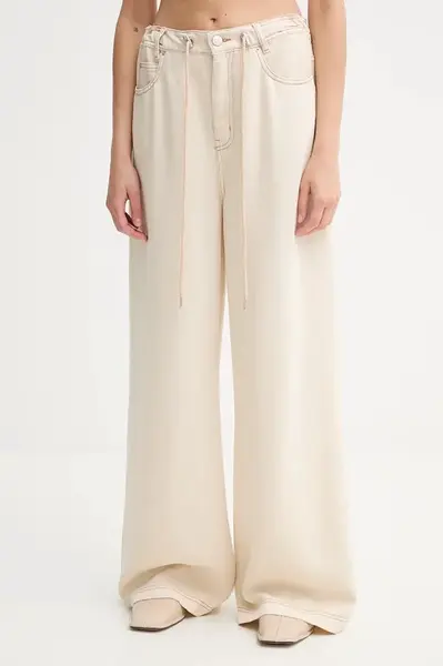 Kalhoty MUNTHE OBEY dámské, béžová barva, široké, high waist, 252141525206