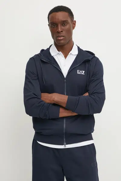 Bavlněná mikina EA7 Emporio Armani pánská, tmavomodrá barva, s kapucí, s potiskem, PJVRZ.8NPM33