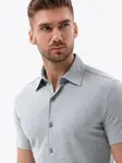 Ombre Men's knitted slim fit shirt with short sleeves and collar - grey